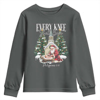 Every Knee Shall Bow Youth Sweatshirt Nativity Scene Santa and Baby Jesus Christmas - Wonder Print Shop