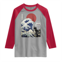Japanese Kawaii Anime Cat Raglan Shirt Funny Surfing Cat Bruh Retro The Great Wave Kanagawa - Wonder Print Shop