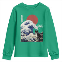 Japanese Kawaii Anime Cat Youth Sweatshirt Funny Surfing Cat Bruh Retro The Great Wave Kanagawa - Wonder Print Shop