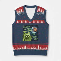 Funny Alien Raccoon Meme V-Neck Knit Sweater Vest Glerp Glorp Brainrot Stupid Gift - Wonder Print Shop