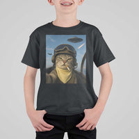 Cat Selfie With Alien UFO T Shirt For Kid Retro Space Sci-Fi Cat Pilot - Wonder Print Shop