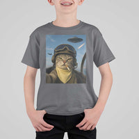 Cat Selfie With Alien UFO T Shirt For Kid Retro Space Sci-Fi Cat Pilot - Wonder Print Shop