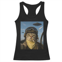 Cat Selfie With Alien UFO Racerback Tank Top Retro Space Sci-Fi Cat Pilot - Wonder Print Shop