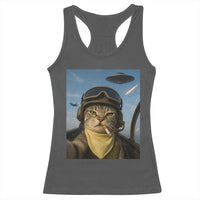 Cat Selfie With Alien UFO Racerback Tank Top Retro Space Sci-Fi Cat Pilot - Wonder Print Shop