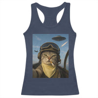 Cat Selfie With Alien UFO Racerback Tank Top Retro Space Sci-Fi Cat Pilot - Wonder Print Shop