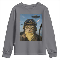 Cat Selfie With Alien UFO Youth Sweatshirt Retro Space Sci-Fi Cat Pilot - Wonder Print Shop