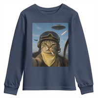 Cat Selfie With Alien UFO Youth Sweatshirt Retro Space Sci-Fi Cat Pilot - Wonder Print Shop