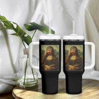 MMIW Awareness Tumbler With Handle Mona Lisa Red Handprint Indigenous Woman Stop Stolen Sisters