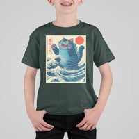 Blue Catzilla Cat Japanese Art T Shirt For Kid Kawaii Demon Tiger Funny Kitty Dad Gifts - Wonder Print Shop