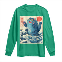Blue Catzilla Cat Japanese Art Long Sleeve Shirt Kawaii Demon Tiger Funny Kitty Dad Gifts - Wonder Print Shop