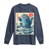 Blue Catzilla Cat Japanese Art Long Sleeve Shirt Kawaii Demon Tiger Funny Kitty Dad Gifts - Wonder Print Shop