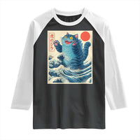 Blue Catzilla Cat Japanese Art Raglan Shirt Kawaii Demon Tiger Funny Kitty Dad Gifts - Wonder Print Shop