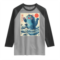 Blue Catzilla Cat Japanese Art Raglan Shirt Kawaii Demon Tiger Funny Kitty Dad Gifts - Wonder Print Shop
