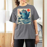 Blue Catzilla Cat Japanese Art T Shirt For Women Kawaii Demon Tiger Funny Kitty Dad Gifts - Wonder Print Shop