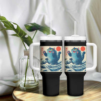 Blue Catzilla Cat Japanese Art Tumbler With Handle Kawaii Demon Tiger Funny Kitty Dad Gifts - Wonder Print Shop