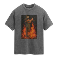 Funny Halloween Witch Washed Cotton T-Shirt Witch Lighting Cigarette With Flames Occult Unholy