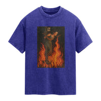 Funny Halloween Witch Washed Cotton T-Shirt Witch Lighting Cigarette With Flames Occult Unholy