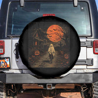 Halloween Spooky Ghost Biking Spare Tire Cover Vintage Ghost Riding Bicycle Gothic Moonlit Pumpkin Autumn Graphic