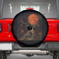 Halloween Spooky Ghost Biking Spare Tire Cover Vintage Ghost Riding Bicycle Gothic Moonlit Pumpkin Autumn Graphic