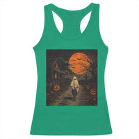 Halloween Spooky Ghost Biking Racerback Tank Top Vintage Ghost Riding Bicycle Gothic Moonlit Pumpkin Autumn Graphic