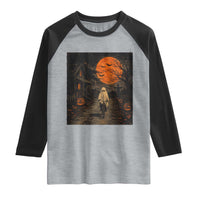 Halloween Spooky Ghost Biking Raglan Shirt Vintage Ghost Riding Bicycle Gothic Moonlit Pumpkin Autumn Graphic
