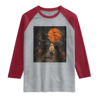 Halloween Spooky Ghost Biking Raglan Shirt Vintage Ghost Riding Bicycle Gothic Moonlit Pumpkin Autumn Graphic