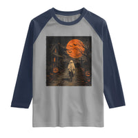Halloween Spooky Ghost Biking Raglan Shirt Vintage Ghost Riding Bicycle Gothic Moonlit Pumpkin Autumn Graphic