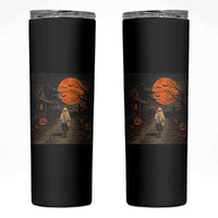 Halloween Spooky Ghost Biking Skinny Tumbler Vintage Ghost Riding Bicycle Gothic Moonlit Pumpkin Autumn Graphic
