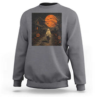 Halloween Spooky Ghost Biking Sweatshirt Vintage Ghost Riding Bicycle Gothic Moonlit Pumpkin Autumn Graphic