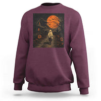 Halloween Spooky Ghost Biking Sweatshirt Vintage Ghost Riding Bicycle Gothic Moonlit Pumpkin Autumn Graphic