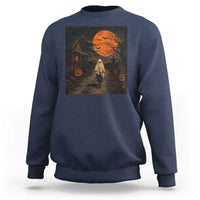 Halloween Spooky Ghost Biking Sweatshirt Vintage Ghost Riding Bicycle Gothic Moonlit Pumpkin Autumn Graphic