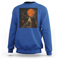 Halloween Spooky Ghost Biking Sweatshirt Vintage Ghost Riding Bicycle Gothic Moonlit Pumpkin Autumn Graphic