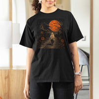 Halloween Spooky Ghost Biking T Shirt For Women Vintage Ghost Riding Bicycle Gothic Moonlit Pumpkin Autumn Graphic
