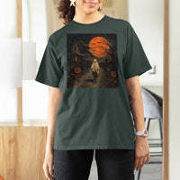 Halloween Spooky Ghost Biking T Shirt For Women Vintage Ghost Riding Bicycle Gothic Moonlit Pumpkin Autumn Graphic