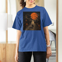 Halloween Spooky Ghost Biking T Shirt For Women Vintage Ghost Riding Bicycle Gothic Moonlit Pumpkin Autumn Graphic