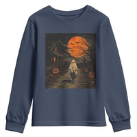 Halloween Spooky Ghost Biking Youth Sweatshirt Vintage Ghost Riding Bicycle Gothic Moonlit Pumpkin Autumn Graphic