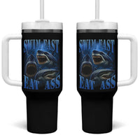 Retro Sharks Tumbler With Handle Swim Fast Eat Ass Vintage 90s Bootleg Graphic - Wonder Print Shop