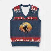 Funny Lax Bigfoot V-Neck Knit Sweater Vest Retro Vintage Sasquatch Lacrosse - Wonder Print Shop