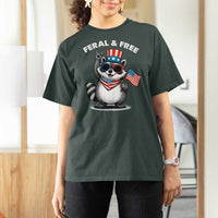 Funny Raccoon July 4th T Shirt For Women Patriotic Trash Panda Feral But Free - Wonder Print Shop