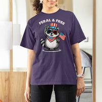 Funny Raccoon July 4th T Shirt For Women Patriotic Trash Panda Feral But Free - Wonder Print Shop