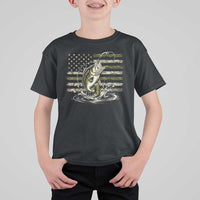 Vintage Bass Fishing Camouflage T Shirt For Kid Patriotic Largemouth Bass Angler Fishing Lovers Fisherman Camo US Flag