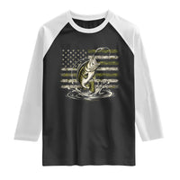 Vintage Bass Fishing Camouflage Raglan Shirt Patriotic Largemouth Bass Angler Fishing Lovers Fisherman Camo US Flag