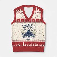 Funny Mothman V-Neck Knit Sweater Vest I Wonder If Mothman Thinks About Me Too Cryptid Weirdcore