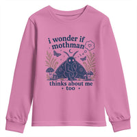 Funny Mothman Youth Sweatshirt I Wonder If Mothman Thinks About Me Too Cryptid Weirdcore