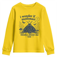 Funny Mothman Youth Sweatshirt I Wonder If Mothman Thinks About Me Too Cryptid Weirdcore