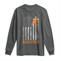 God Stronger Multiple Sclerosis Awareness Long Sleeve Shirt Orange Ribbon Christian US USA Flag American Christ Cross