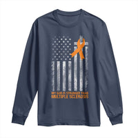 God Stronger Multiple Sclerosis Awareness Long Sleeve Shirt Orange Ribbon Christian US USA Flag American Christ Cross
