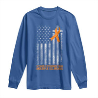 God Stronger Multiple Sclerosis Awareness Long Sleeve Shirt Orange Ribbon Christian US USA Flag American Christ Cross