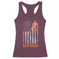 God Stronger Multiple Sclerosis Awareness Racerback Tank Top Orange Ribbon Christian US USA Flag American Christ Cross