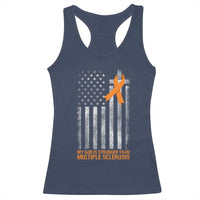 God Stronger Multiple Sclerosis Awareness Racerback Tank Top Orange Ribbon Christian US USA Flag American Christ Cross